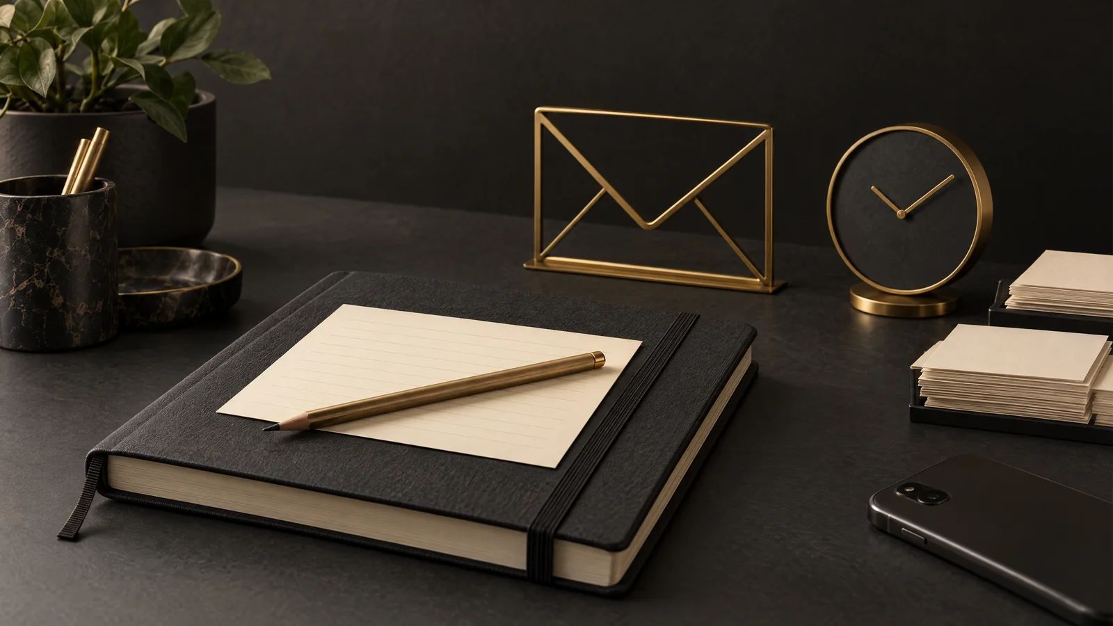 Notebook, notecard and envelope illustrating an organised account-help question