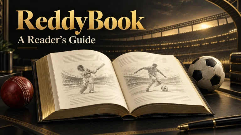 ReddyBook reader’s guide cover with an open book, cricket ball and football