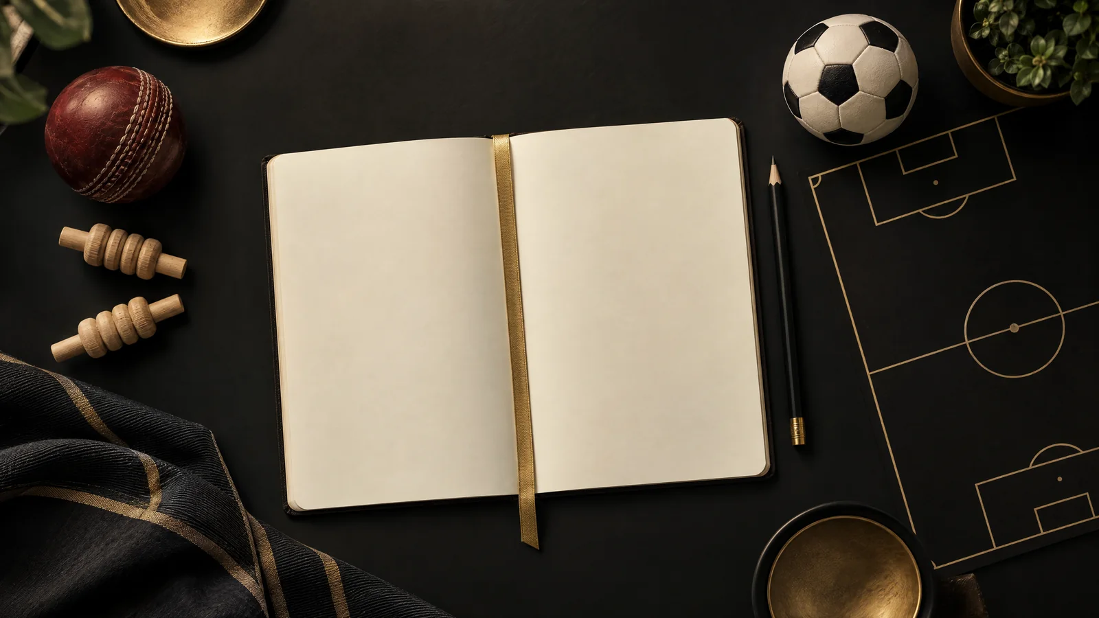 Open notebook beside a cricket ball, wicket bails and a football pitch diagram